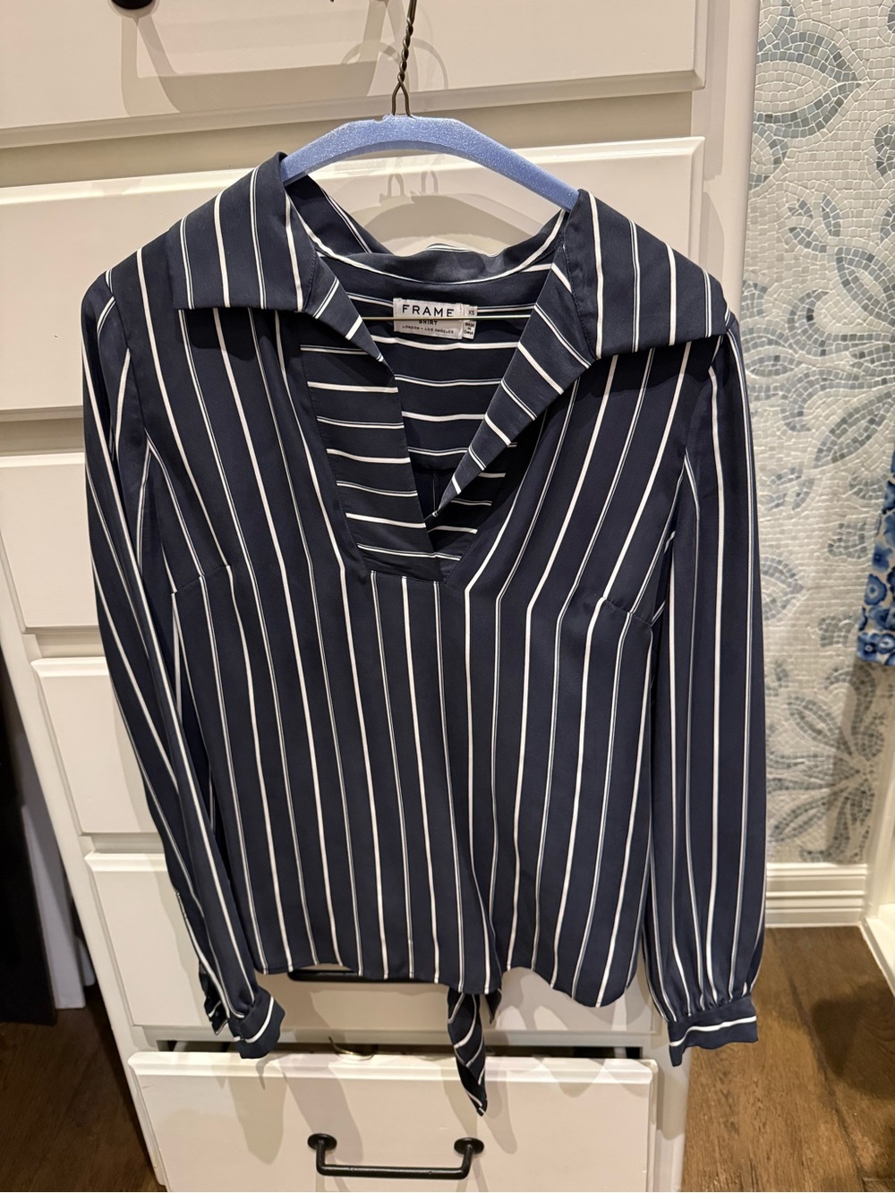 Frame Denim Navy and White Vertical-Stripe Tie-Hem Blouse